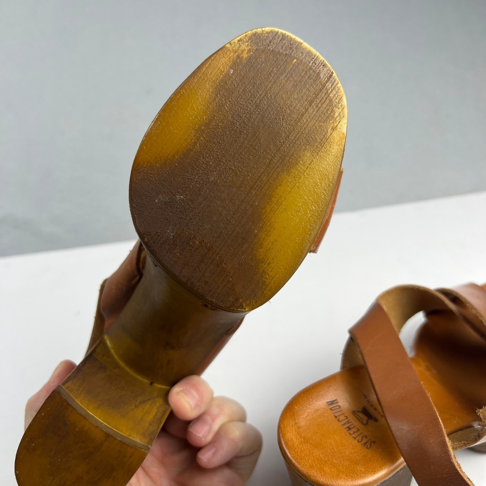 Brown Leather Wood Block Heel Boho Retro Platform Sandals Made in Italy Size 7 - Picture 15 of 16